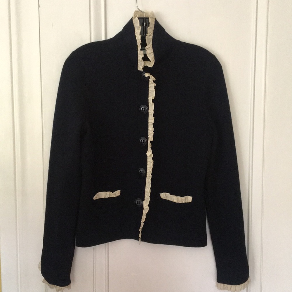 Navy Knit Jacket with Ruffled Detail